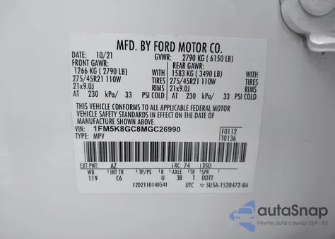 2021 Ford Explorer St z USA, uszkodzony, nr VIN 1FM5K8GC8MGC26990